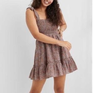 Aerie Brown Print All Day Smocked Shoulder Tie Mini Dress Small